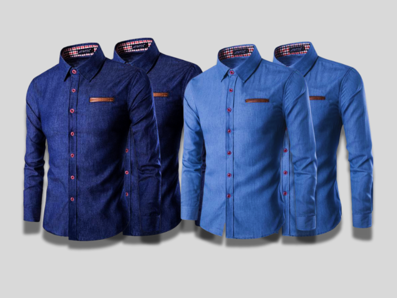 LEVE 2 PAGUE 1 - Camisas Masculina Jeans Slim Manga Longa - Azul e Azul Claro